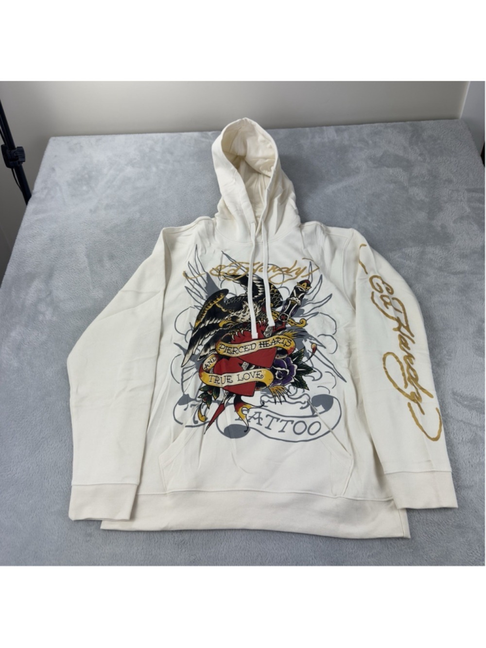 Vintage Ed Hardy NWT Men's Size Large Cream Fleeced Hoodie Love Kill Slowly